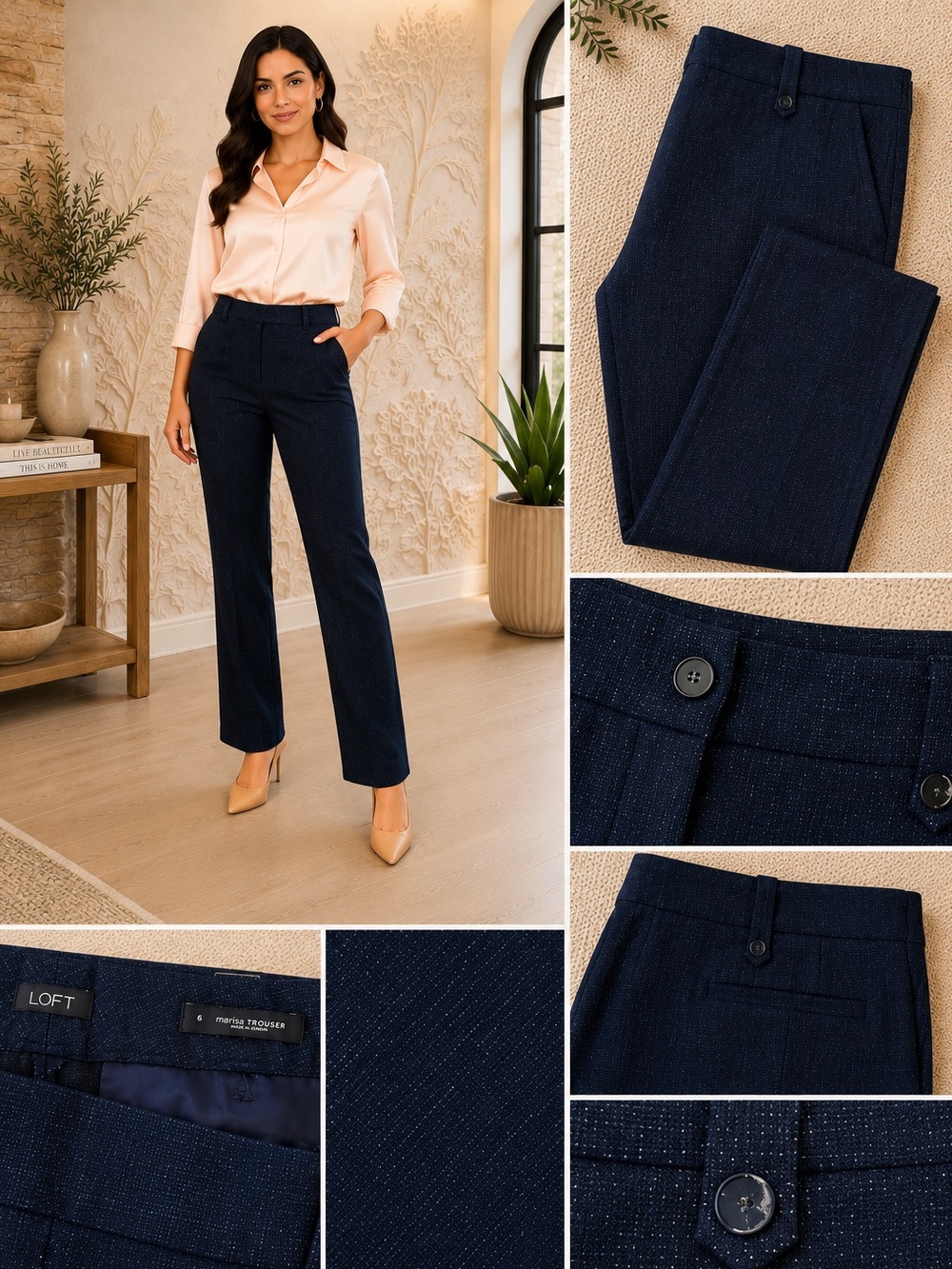 LOFT Dark Navy Straight-Leg Trousers - Picture 2 of 15